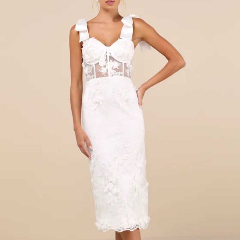 Lulu's White Lace Midi Dress with Bow Straps